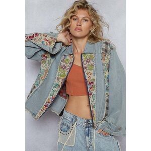 NEW POL Patchwork Floral Denim Jacket Boho Cotton Plaid Size Small